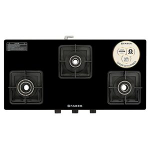 Faber Prince Plus 3 Burner Gas Cooktop | 77 cm Width | Brass Burners | Manual Ignition | Black Glass Finish | MS Powder-Coated Pan Suppor...